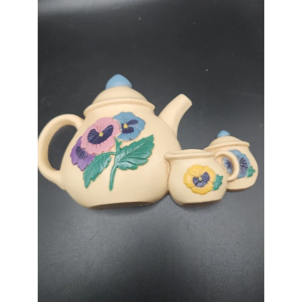 Vintage Burwood‎ Pansy Flower & Teapot Wall Hanging Plaques